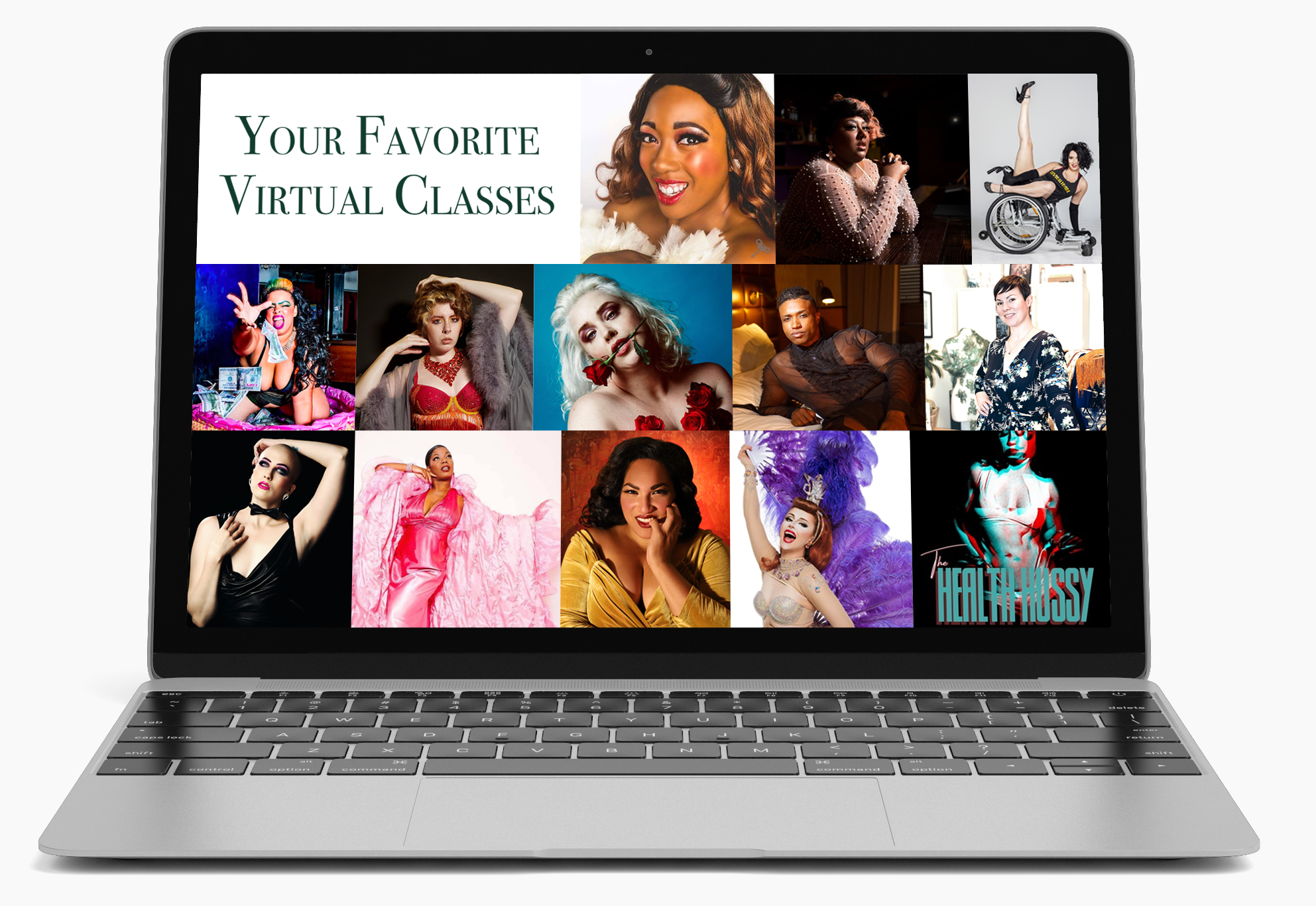 Image of a laptop with the words "Your favorite virtual classes" at the top left of a grid of photos of instructors