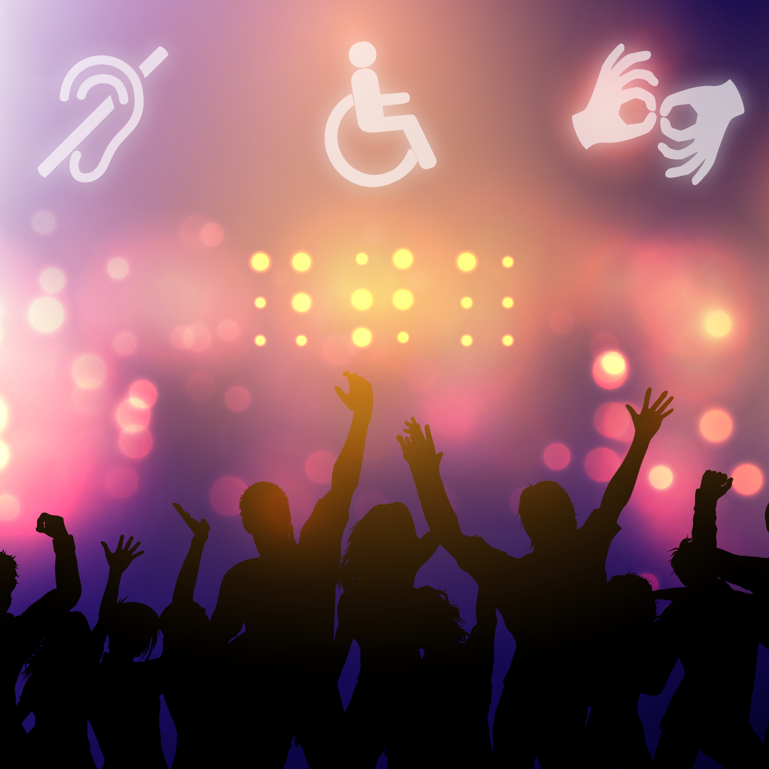 Vector graphic of people dancing in a club with accessibility icons on top