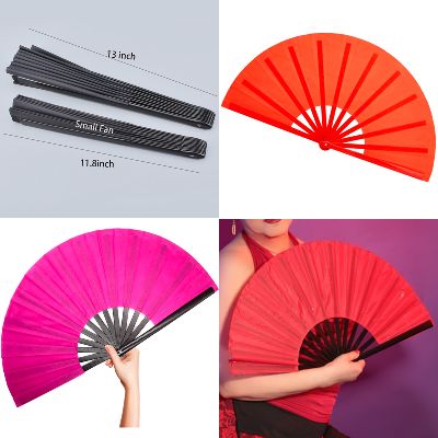 Three examples of hand fans and one notated fan showing sizes to use